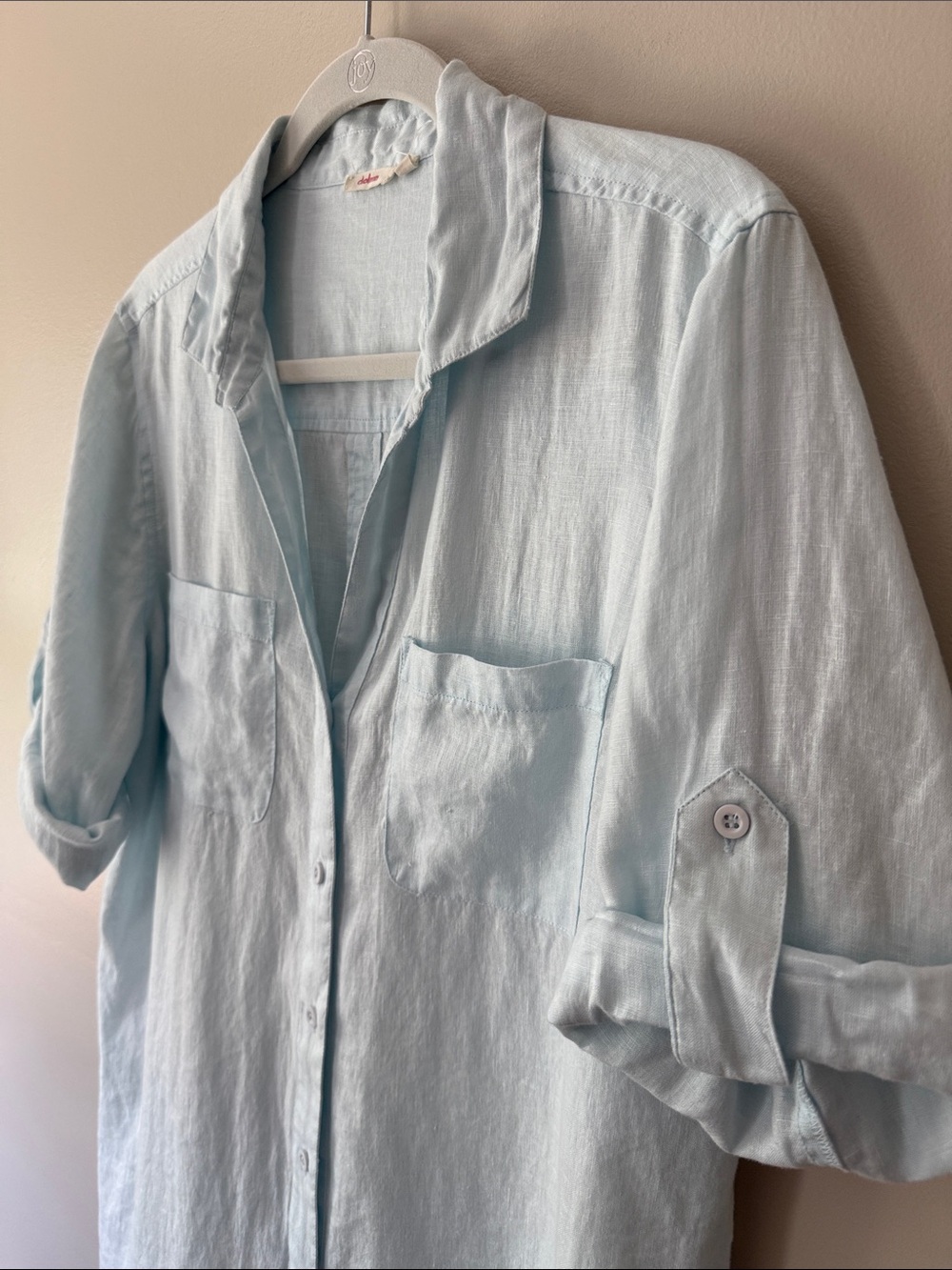 Relaxed Light Blue Linen Shirt Tunic Dress - Picture 2 of 10